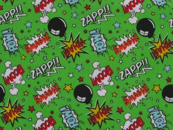 Boom Pow Wow Comic Printed Polycotton, Lime