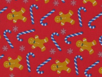 Christmas Gingerbread Men Polycotton Print, Red