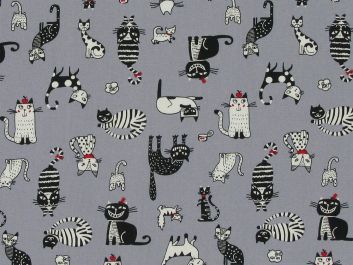 Clever Cats Cotton Poplin Print, Grey