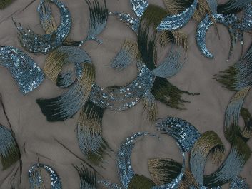 Energetic Swirl Embroidered Sequin Tulle, Teal