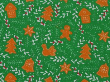 Gingerbread Christmas Polycotton Print, Green