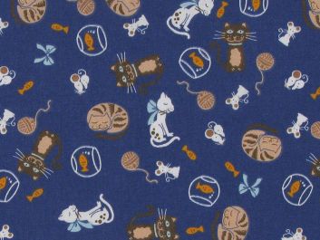 Kitty Snooze Polycotton Print, Blue