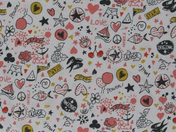 Love Doodle Cotton Print, Brick
