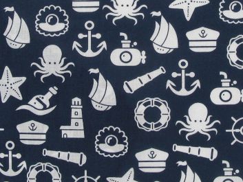 Nautical Adventure Polycotton Print, Navy and White