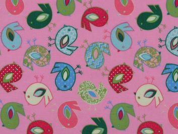 Patchwork Birds Cotton Print, Pink