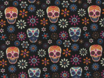 Psychedelic Floral Skulls Polycotton, Black