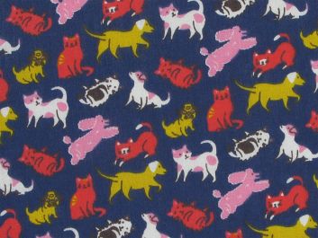 Puppies and Kittens Polycotton Print, Navy
