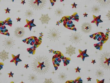  Rainbow Christmas Metallic Cotton Print, Doves, Cream