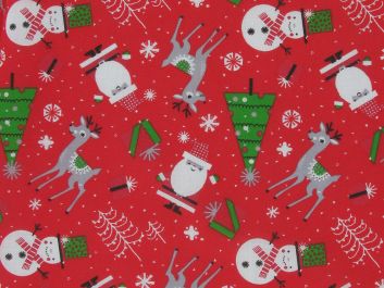 Reindeer Snowman Polycotton Print, Red