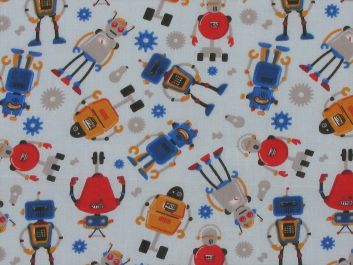 Roaming Robots Polycotton Print, Light Blue