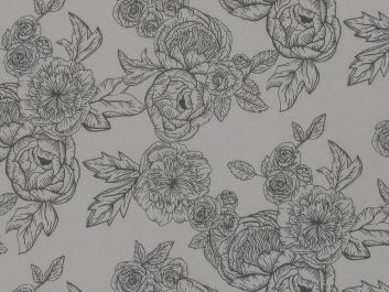 Rose Flower Polycotton, Print Grey