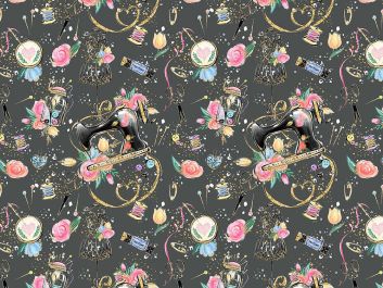 Sew Time Cotton Print, Graphite