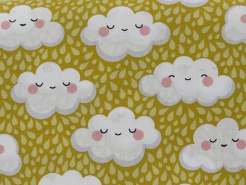 Smiling Clouds Cotton Print, Ochre