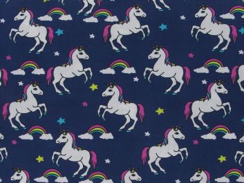 Unicorn Rainbow Cloud Cotton Print, Navy
