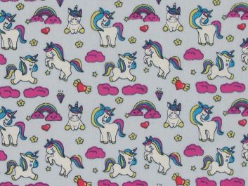 Unicorn Rainbow Hearts Cotton Print, Light Blue