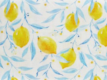 Watercolour Lemons Printed Linen Blend, White