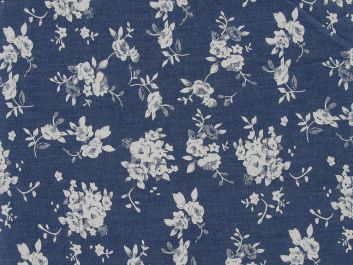 White Rose Bunches Printed Denim, Medium Blue