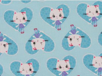 Wink Cats Hearts Cotton Print, Sky
